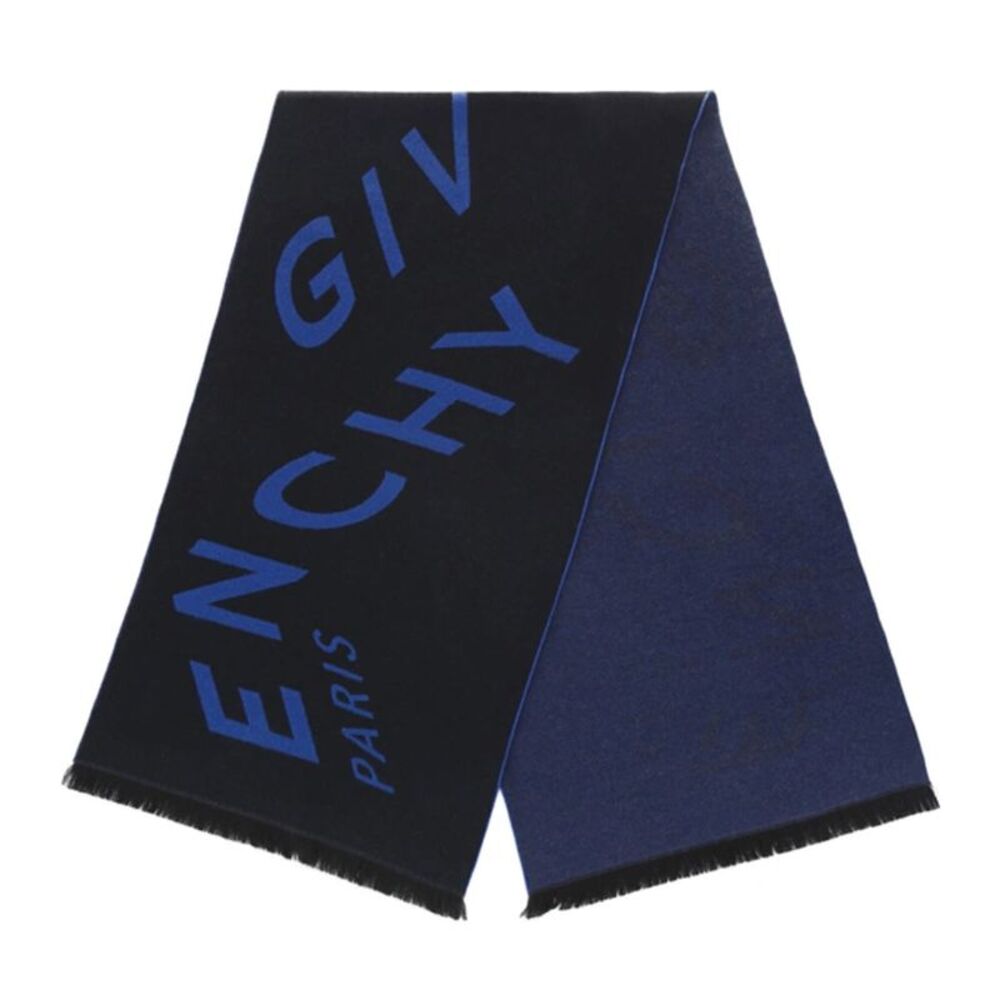 Givenchy Mens Chevron Jacquard Logo Wool Scarf Black/Blue - NWOT $360